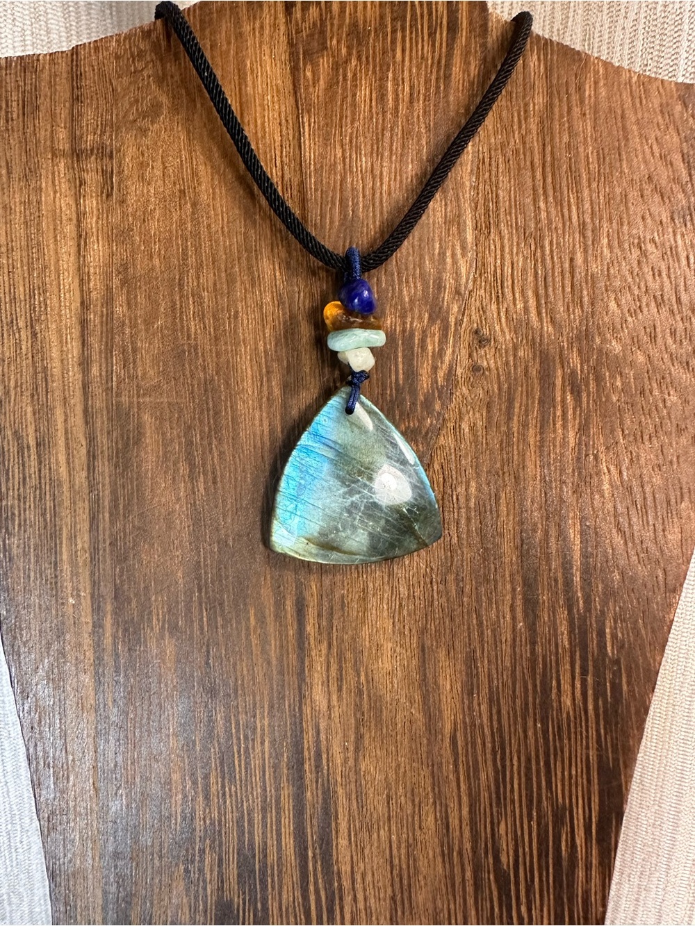 Labradorite Triangle Pendant Necklace with Crystal Chips on Black Rope